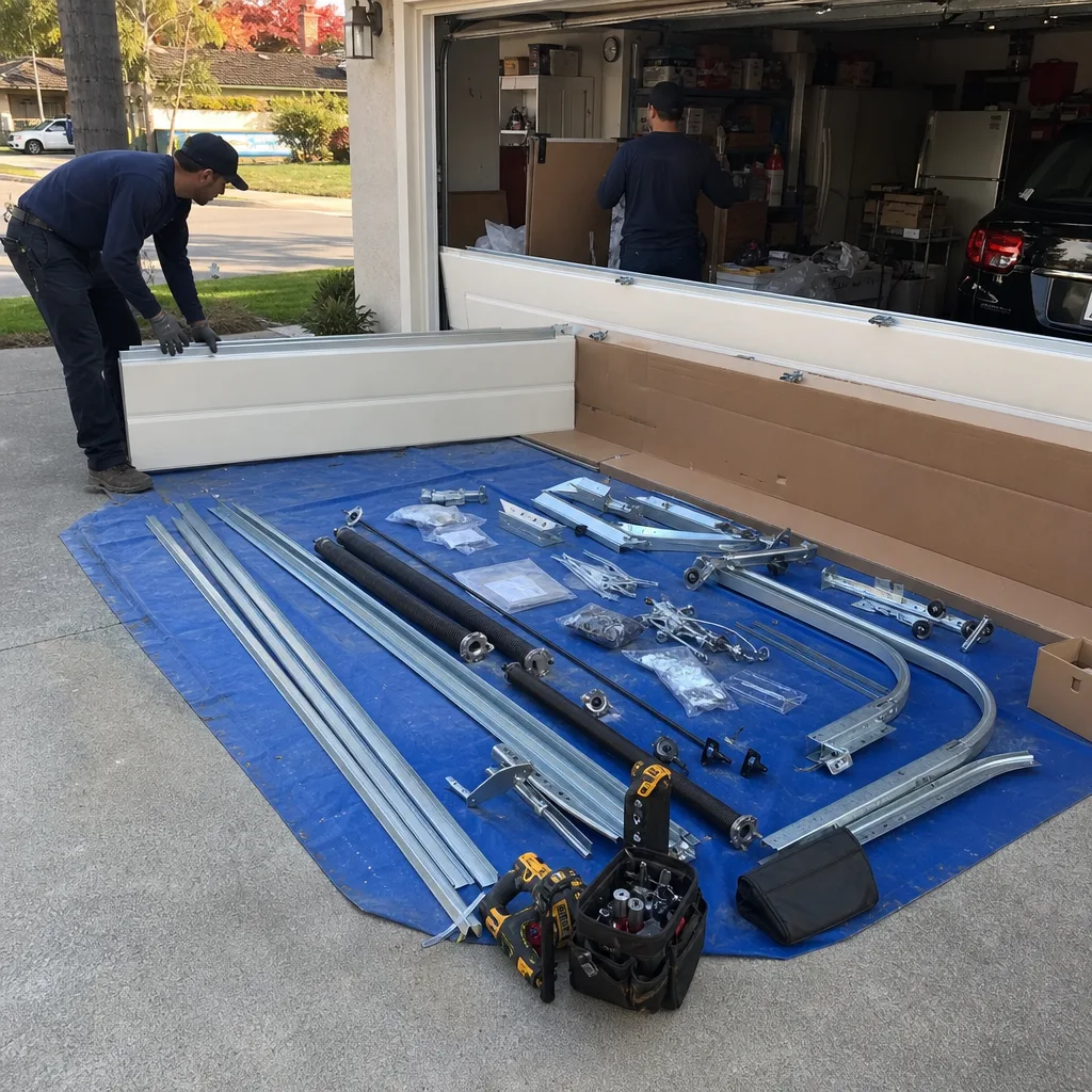 professional garage door installation service with technician and organized parts