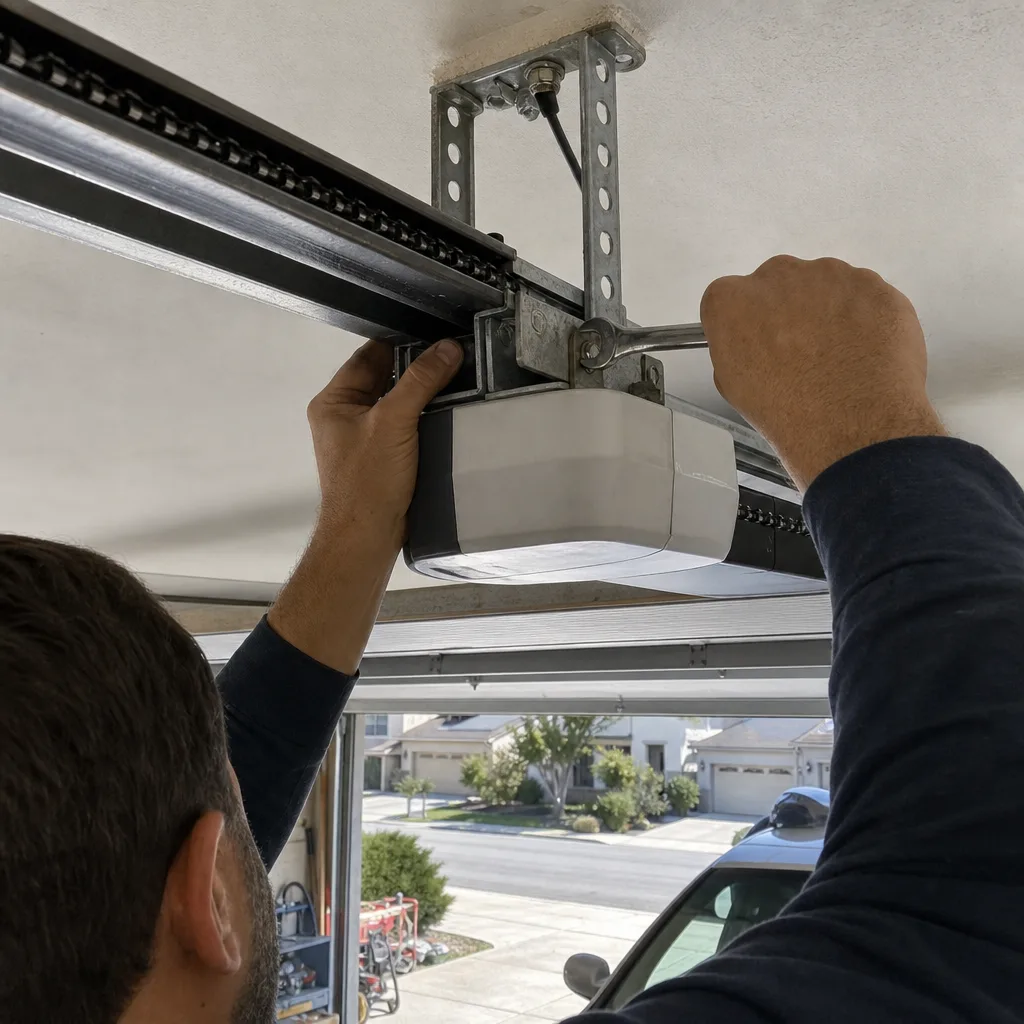 Technician performing professional garage door opener repair and installation