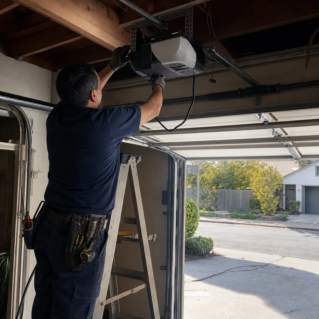 Technician performing garage door opener repair and installation from a ladder