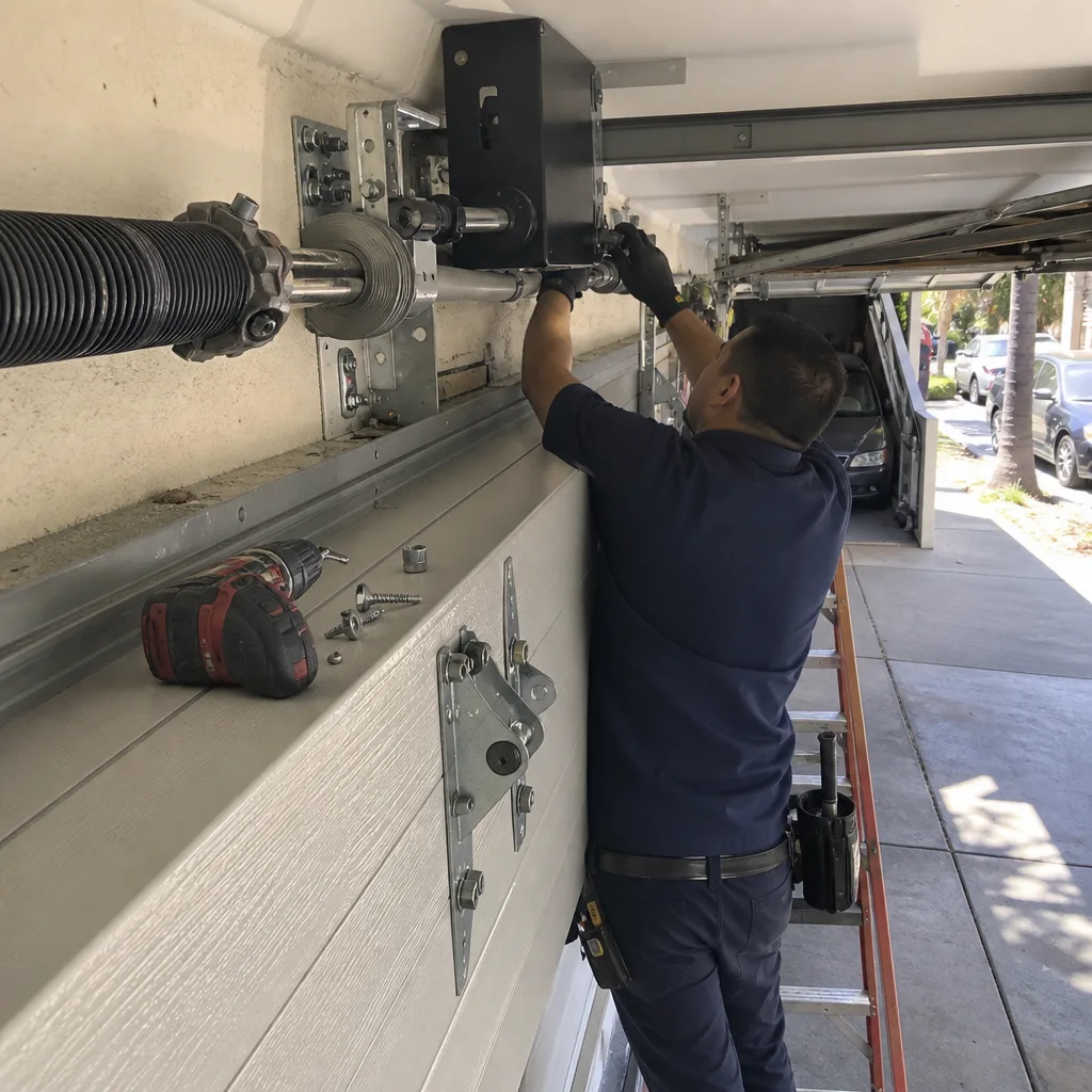 Technician performing professional garage door opener repair and installation