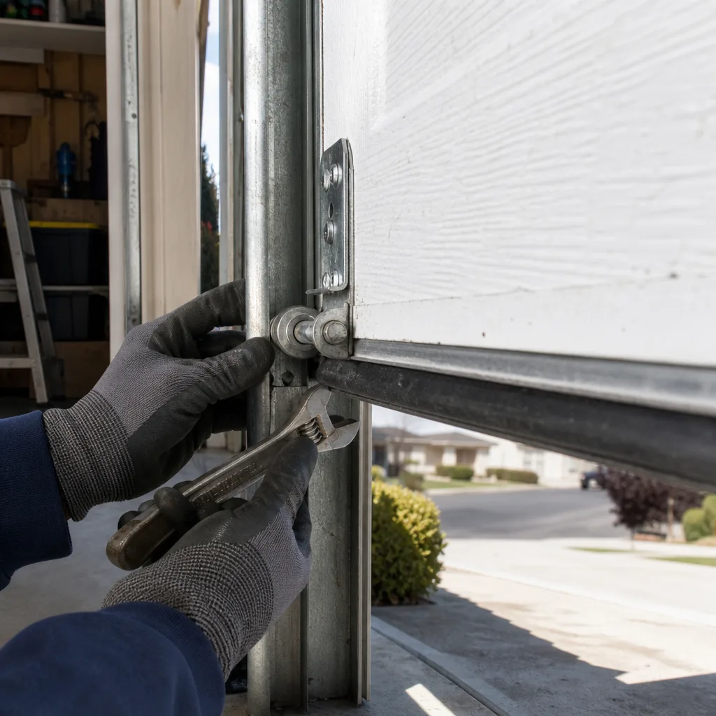 Technician using a wrench to repair garage door hardware and rollers