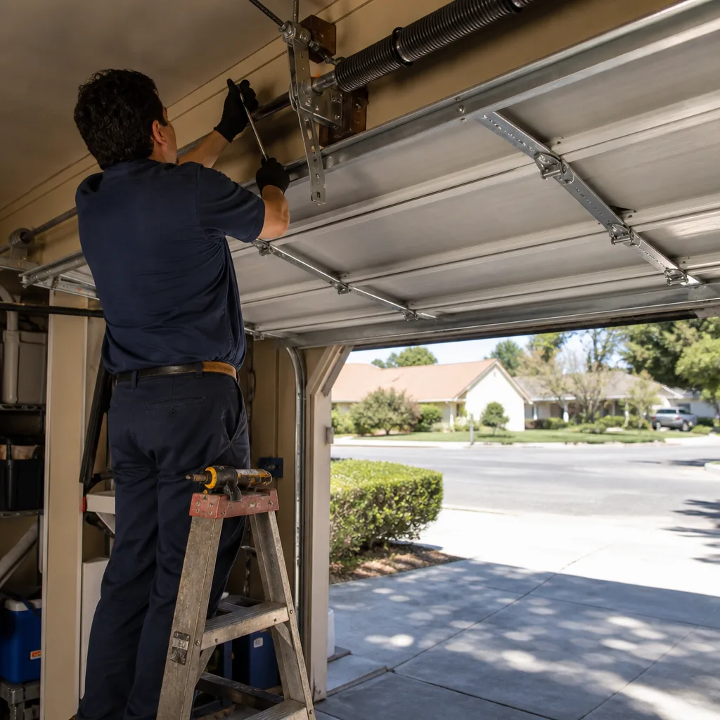 Technician performing professional garage door spring repair and maintenance